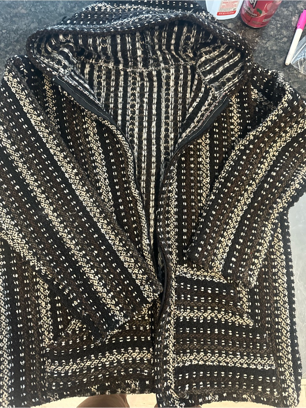 Women’s Black and Cream handmade Striped Hooded Sweater